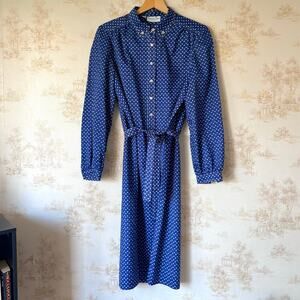 Vintage 70s 80s Schrader Sport Navy Heart Print Belted Secretary Shirt Dress XL